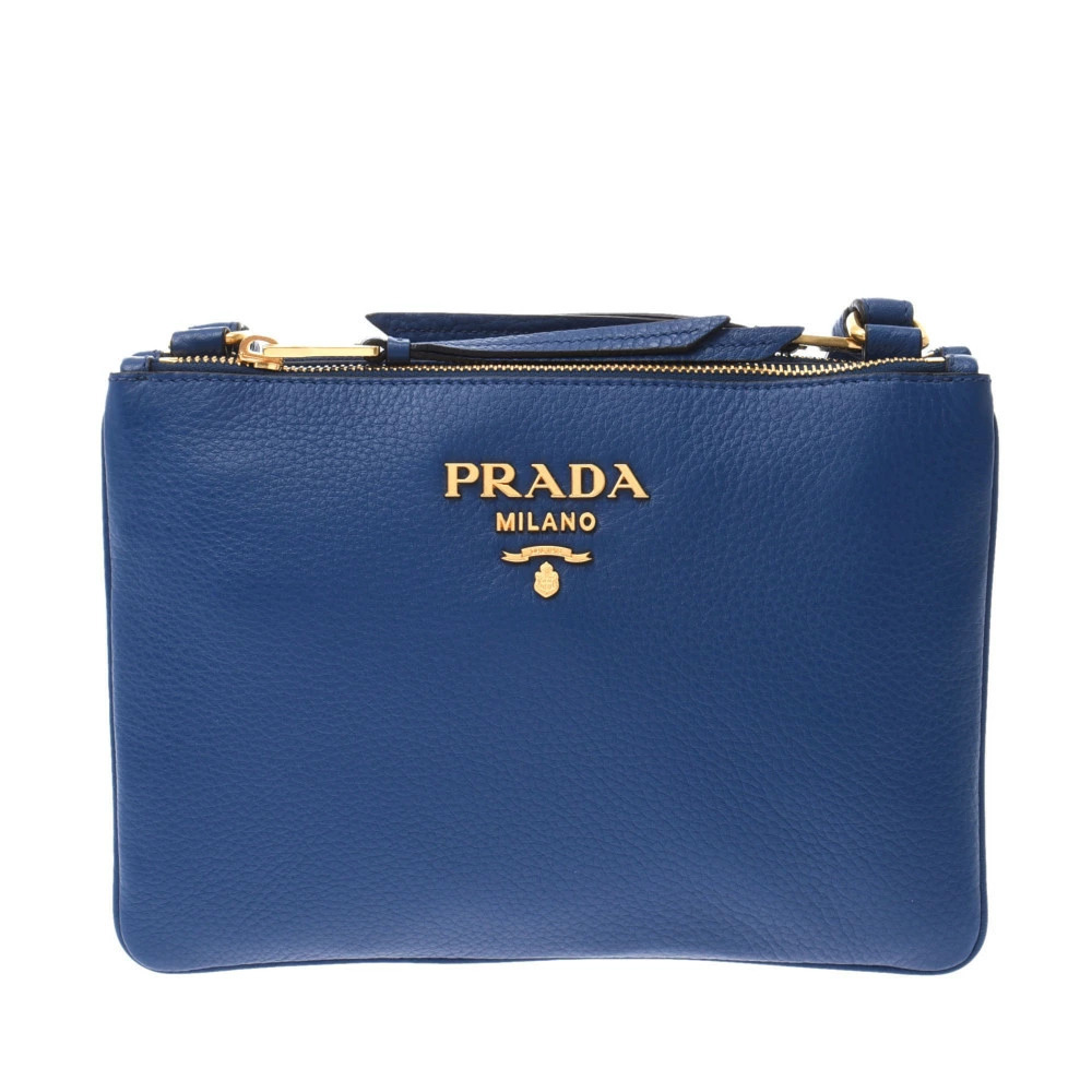PRADA Double Pocket Blue Leather Shoulder Bag